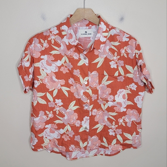 The Normal Brand | Orange Tropical Floral Cropped Button Front Shirt Size XS - Picture 8 of 8